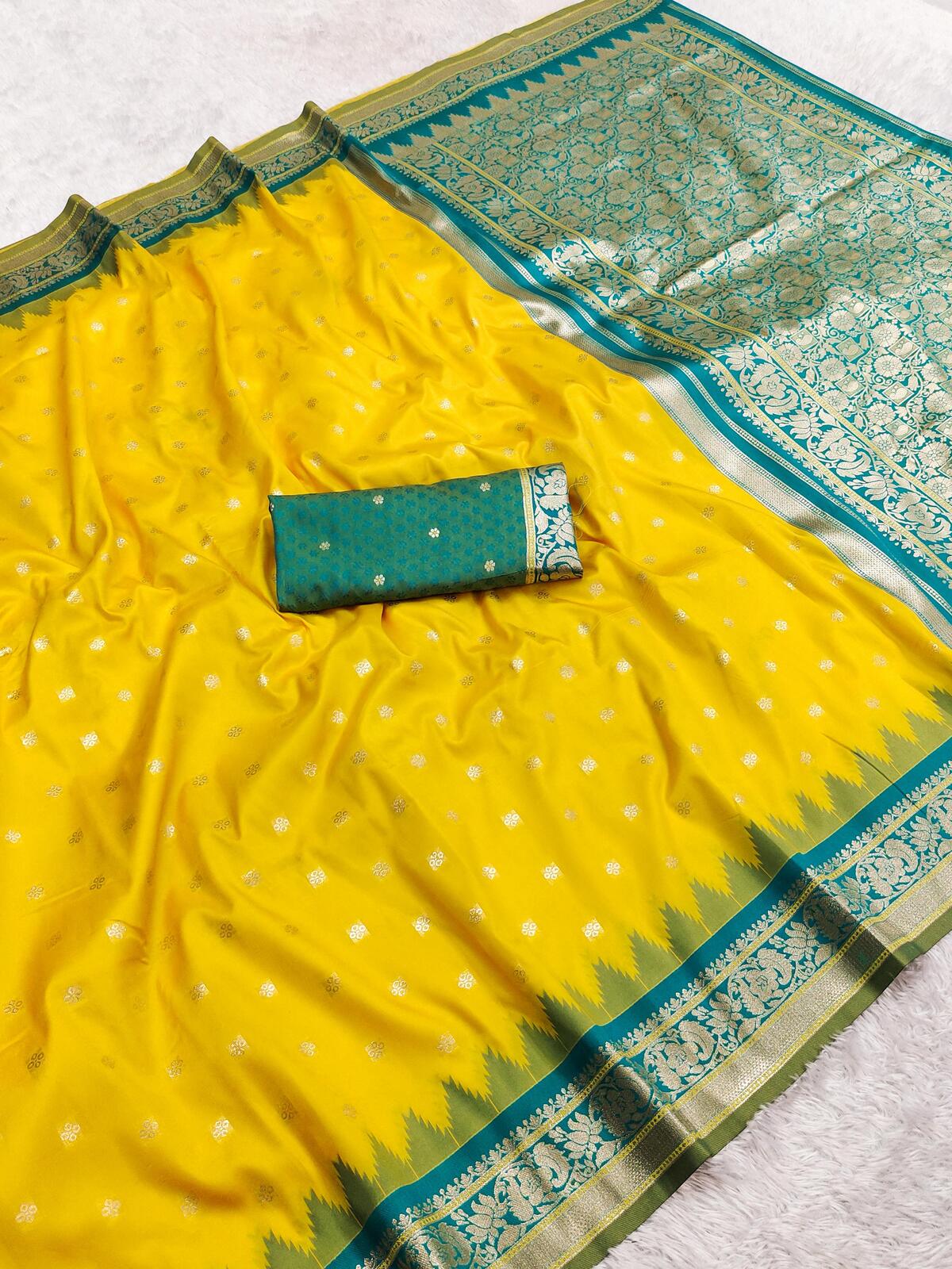 Charming Yellow Pure Banarasi Silk Saree With Beguiling Blouse Piece
