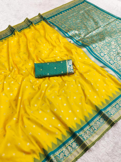 Charming Yellow Pure Banarasi Silk Saree With Beguiling Blouse Piece