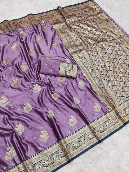 Elision Lavender Banarasi Satin Silk Saree With Surreptitious Blouse
