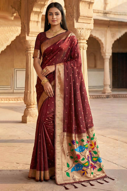 Adorning Maroon Paithani Silk Saree With Enamoring Blouse Piece