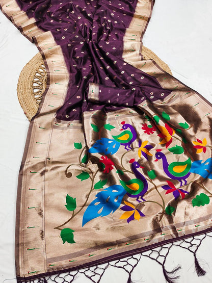 Vestigial Wine Paithani Silk Saree With Devastating Blouse Piece