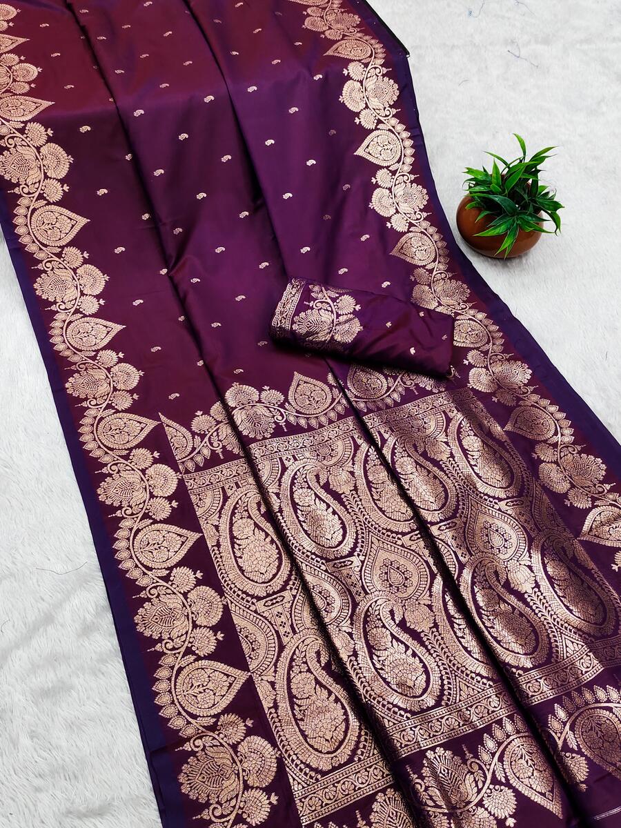 Fairytale Wine Soft Banarasi Silk Saree With Profuse Blouse Piece