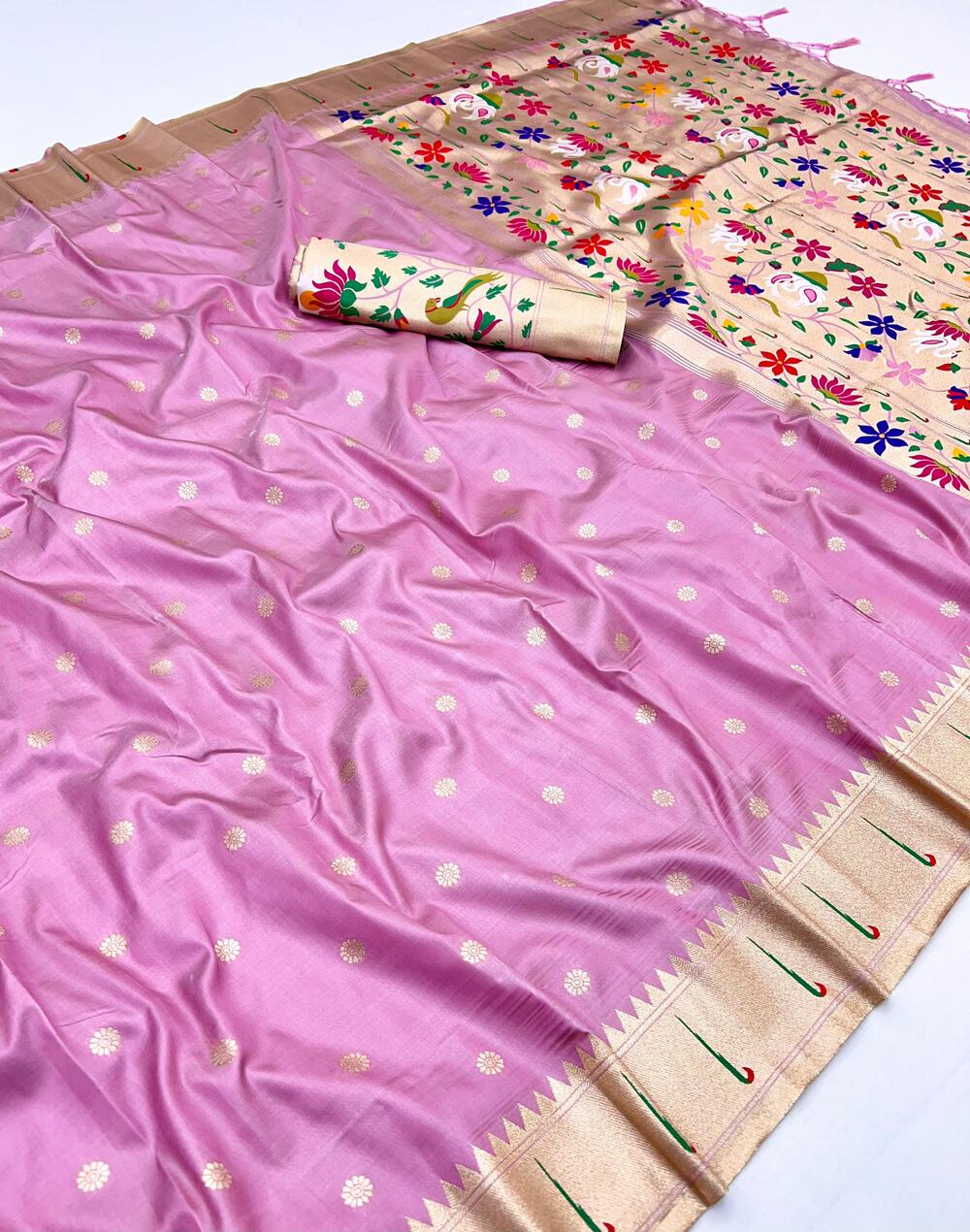 Designer Baby Pink Paithani Silk Saree With Impressive Blouse Piece