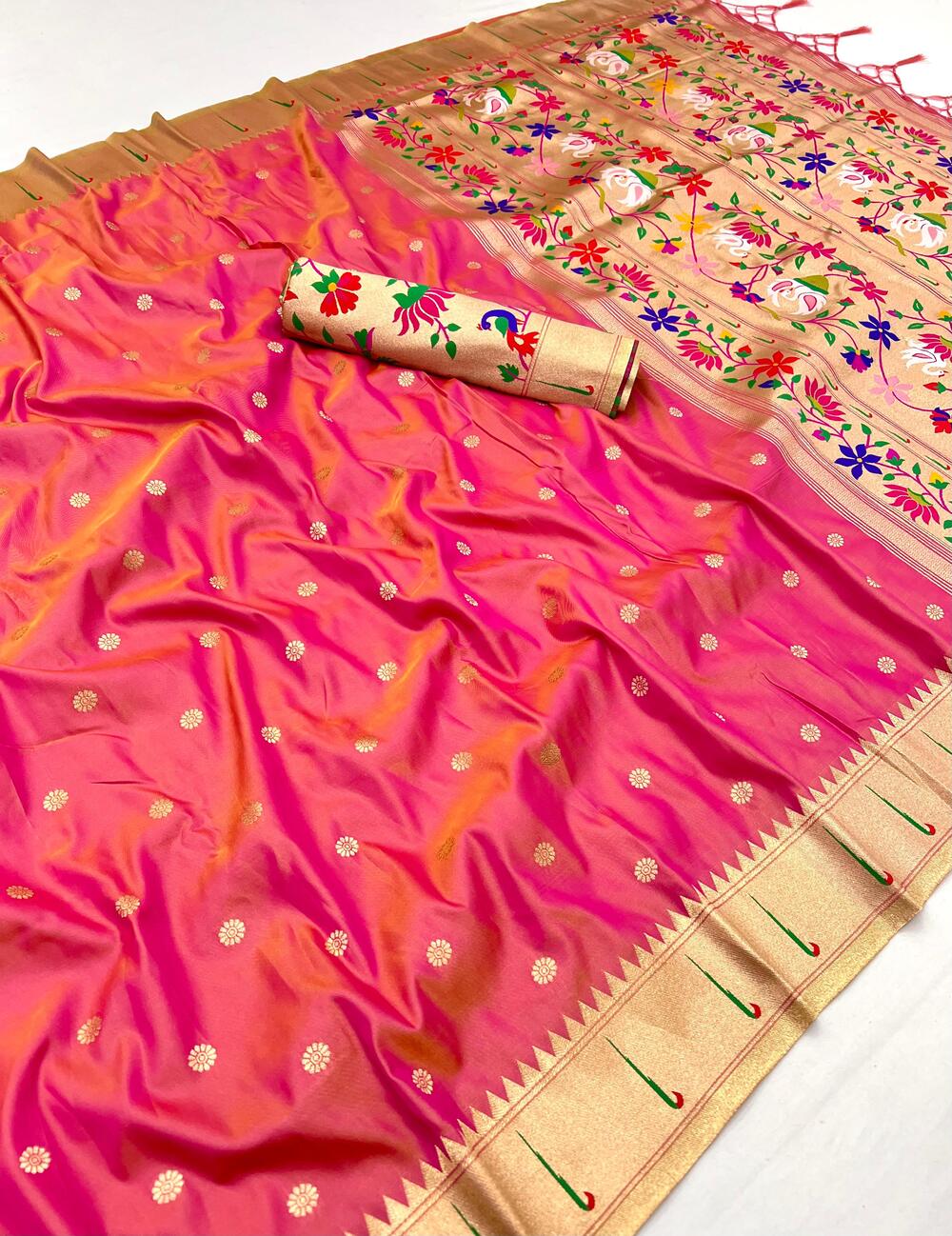 Evanescent Pink Paithani Silk Saree With Elision Blouse Piece
