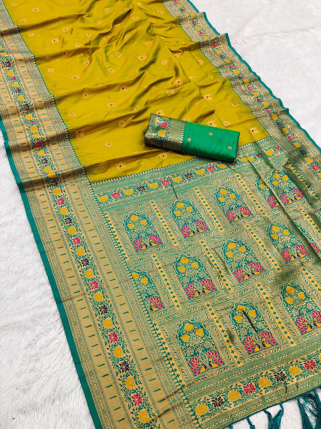 Alluring Mustard Paithani Silk Saree With Staggering Blouse Piece