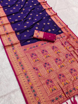 Groovy Navy Blue Paithani Silk Saree With Winsome Blouse Piece