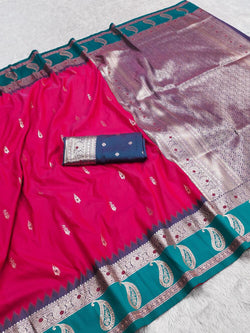 Beautiful Dark Pink Pure Zari Weaving Banarasi Silk Saree With Fragrant Blouse Piece