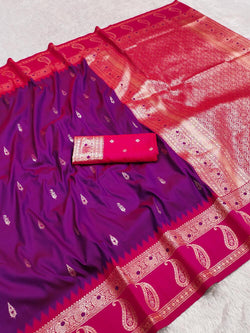 Jazzy Purple Pure Zari Weaving Banarasi Silk Saree With Glorious Blouse Piece