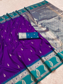 Ebullience Royal Purple Pure Zari Weaving Banarasi Silk Saree With Rhapsody Blouse Piece