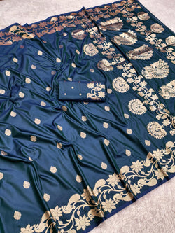Mesmerising Blue Pure Zari Weaving Banarasi Silk Saree With Appealing Blouse Piece