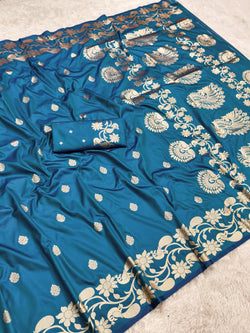 Adoring Firozi Pure Zari Weaving Banarasi Silk Saree With Sumptuous Blouse Piece