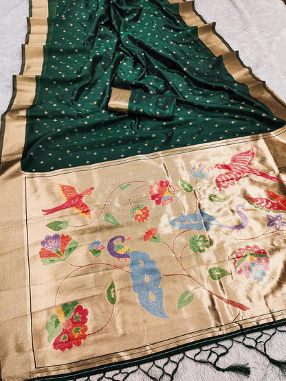 Ineffable Dark Green Organza Paithani Silk Saree With Tremendous Blouse Piece