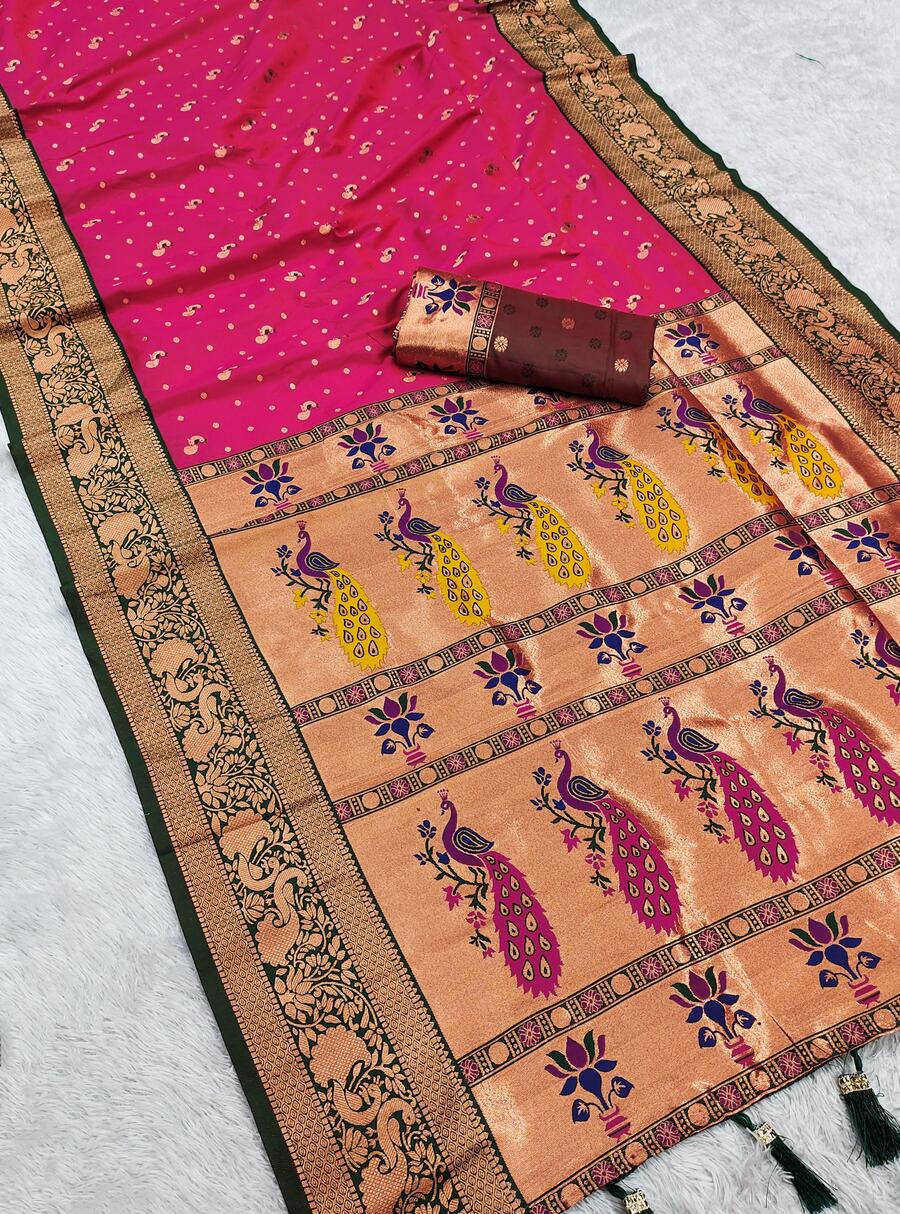 Ebullience Dark Pink Paithani Silk Saree With Pulsating Blouse Piece