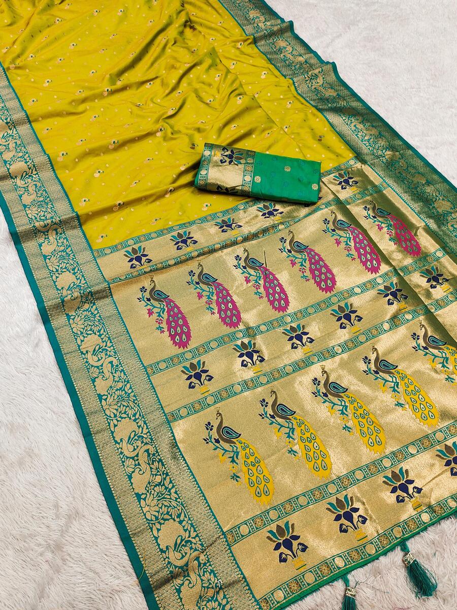 Woebegone Mehndi Paithani Silk Saree With Improbable Blouse Piece