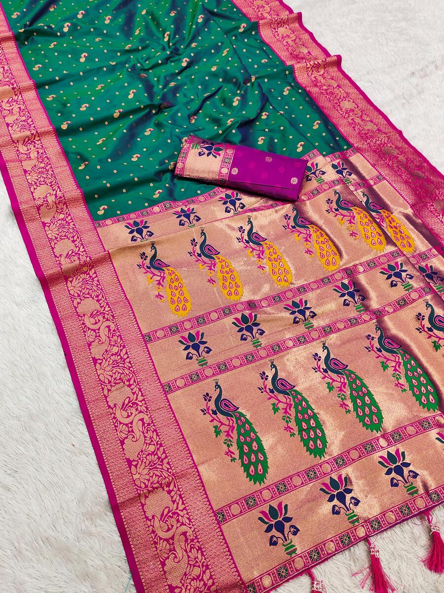 Improbable Rama Paithani Silk Saree With Comely Blouse Piece