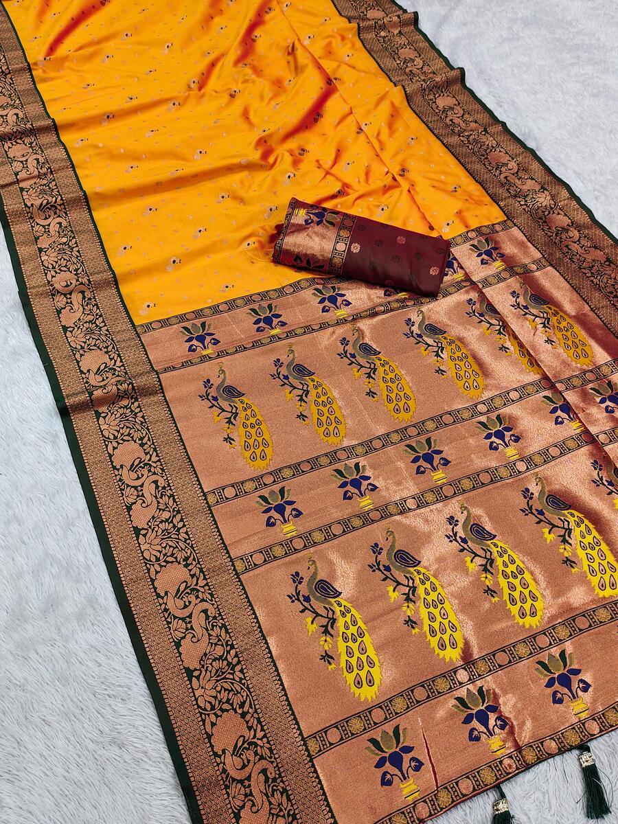 Rhapsody Yellow Paithani Silk Saree With Opulent Blouse Piece