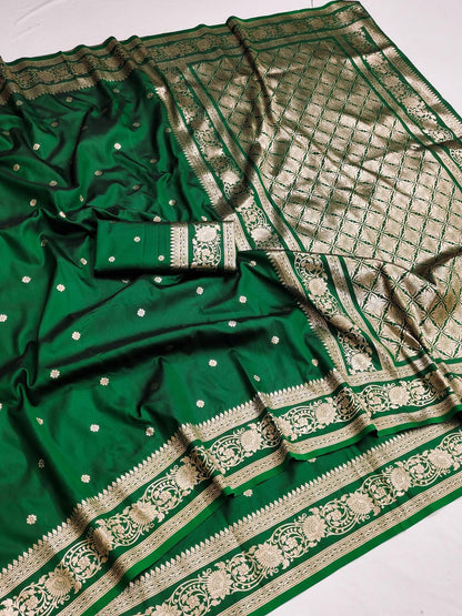 Ethereal Dark Green Pure Zari Weaving Banarasi Silk Saree With Artistic Blouse Piece