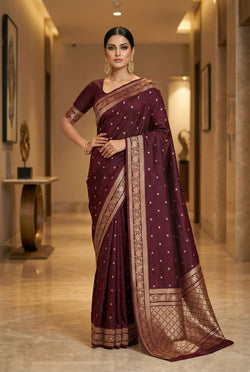 Flattering Wine Pure Zari Weaving Banarasi Silk Saree With Groovy Blouse Piece
