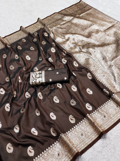 Girlish Brown Pure Banarasi Silk Saree With Surpassing Blouse Piece