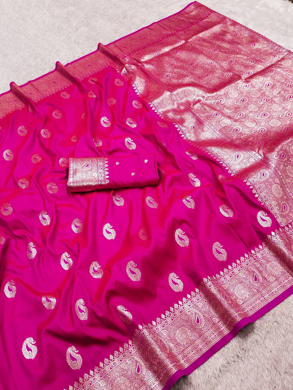 Embrocation Dark Pink Pure Banarasi Silk Saree With Exemplary Blouse Piece