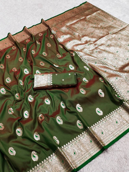 Allure Green Pure Banarasi Silk Saree With Elision Blouse Piece