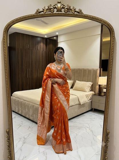 Beauteous Orange Pure Banarasi Silk Saree With Amiable Blouse Piece