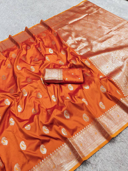 Beauteous Orange Pure Banarasi Silk Saree With Amiable Blouse Piece
