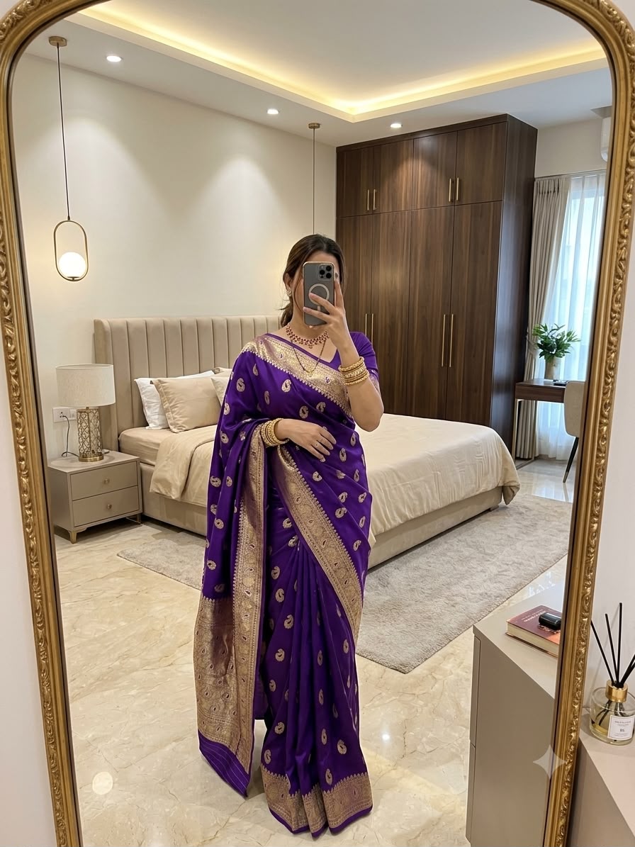 Exquisite Purple Pure Banarasi Silk Saree With Admirable Blouse Piece
