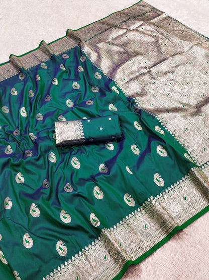 Winsome Rama Pure Banarasi Silk Saree With Efflorescence Blouse Piece