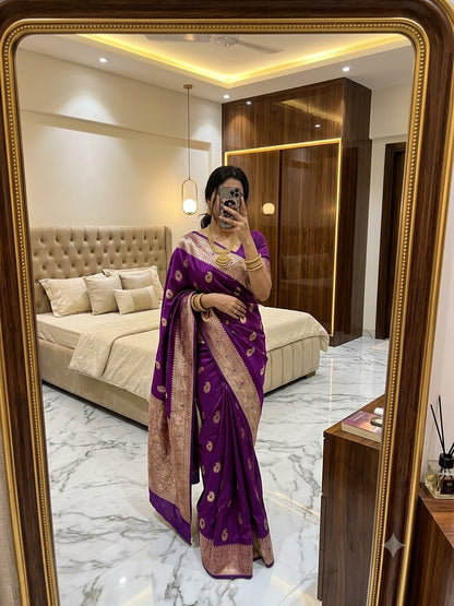 Prettiest Wine Pure Banarasi Silk Saree With Sensational Blouse Piece