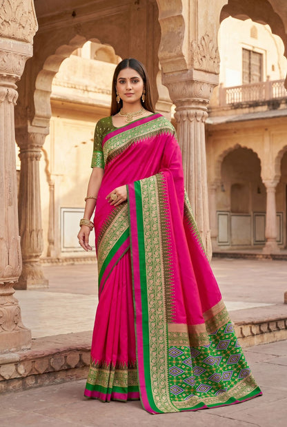 Zephyr Dark Pink Pure Zari Weaving Banarasi Silk Saree With Impressive Blouse Piece