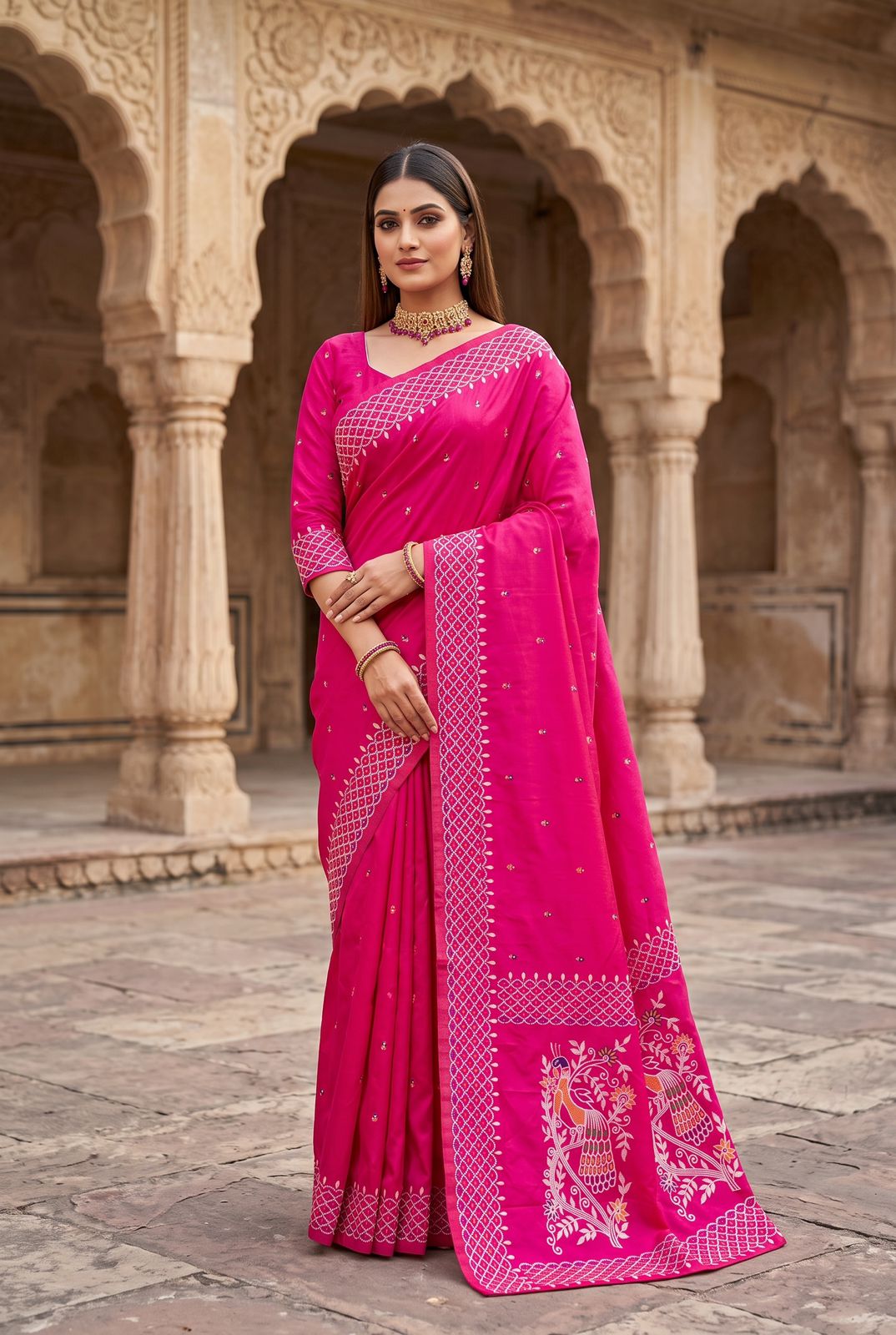 Demure Dark Pink Pure Banarasi Silk Saree With Embrocation Blouse Piece