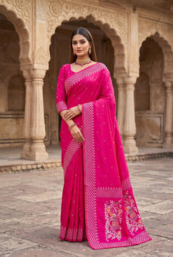 Demure Dark Pink Pure Banarasi Silk Saree With Embrocation Blouse Piece
