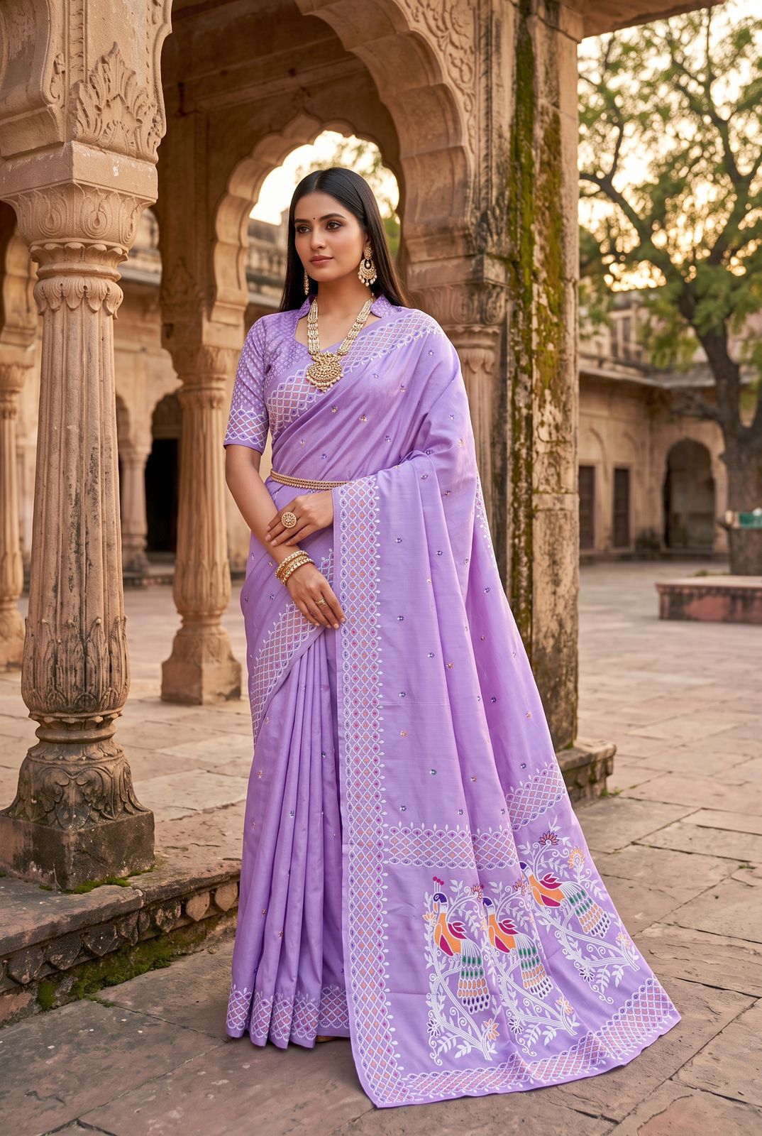 Symmetrical Lavender Pure Banarasi Silk Saree With Efflorescence Blouse Piece