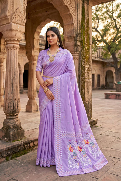 Symmetrical Lavender Pure Banarasi Silk Saree With Efflorescence Blouse Piece