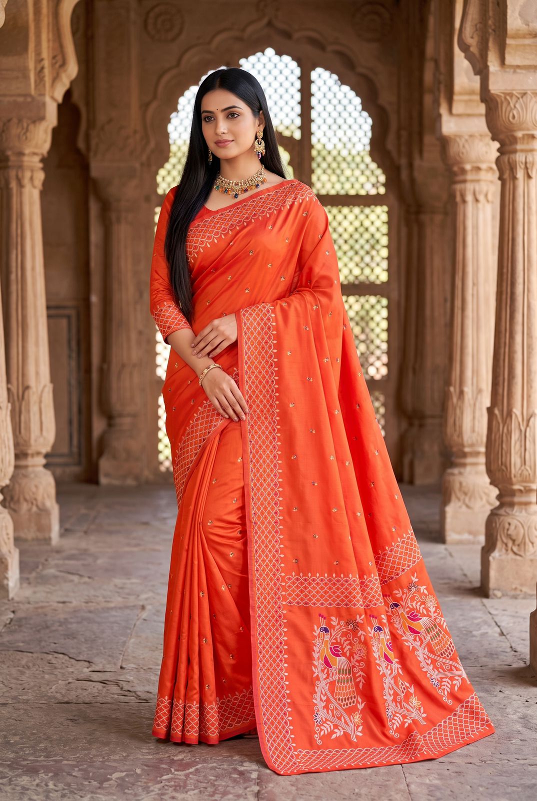 Glittering Orange Pure Banarasi Silk Saree With Serendipity Blouse Piece