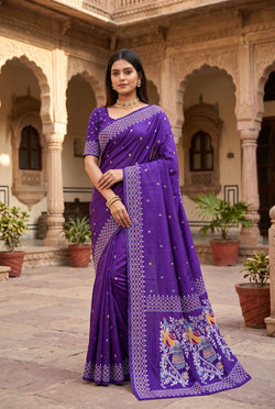 Trendy Purple Pure Banarasi Silk Saree With Sempiternal Blouse Piece