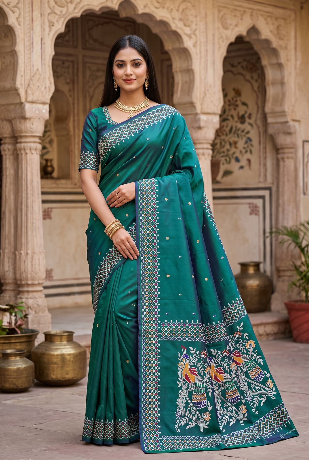 Pulsating Rama Pure Banarasi Silk Saree With Mesmeric Blouse Piece
