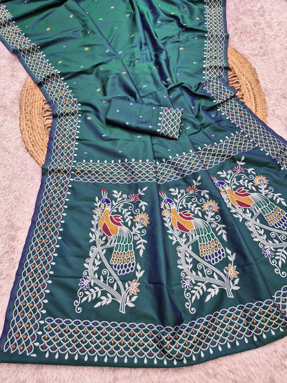 Pulsating Rama Pure Banarasi Silk Saree With Mesmeric Blouse Piece