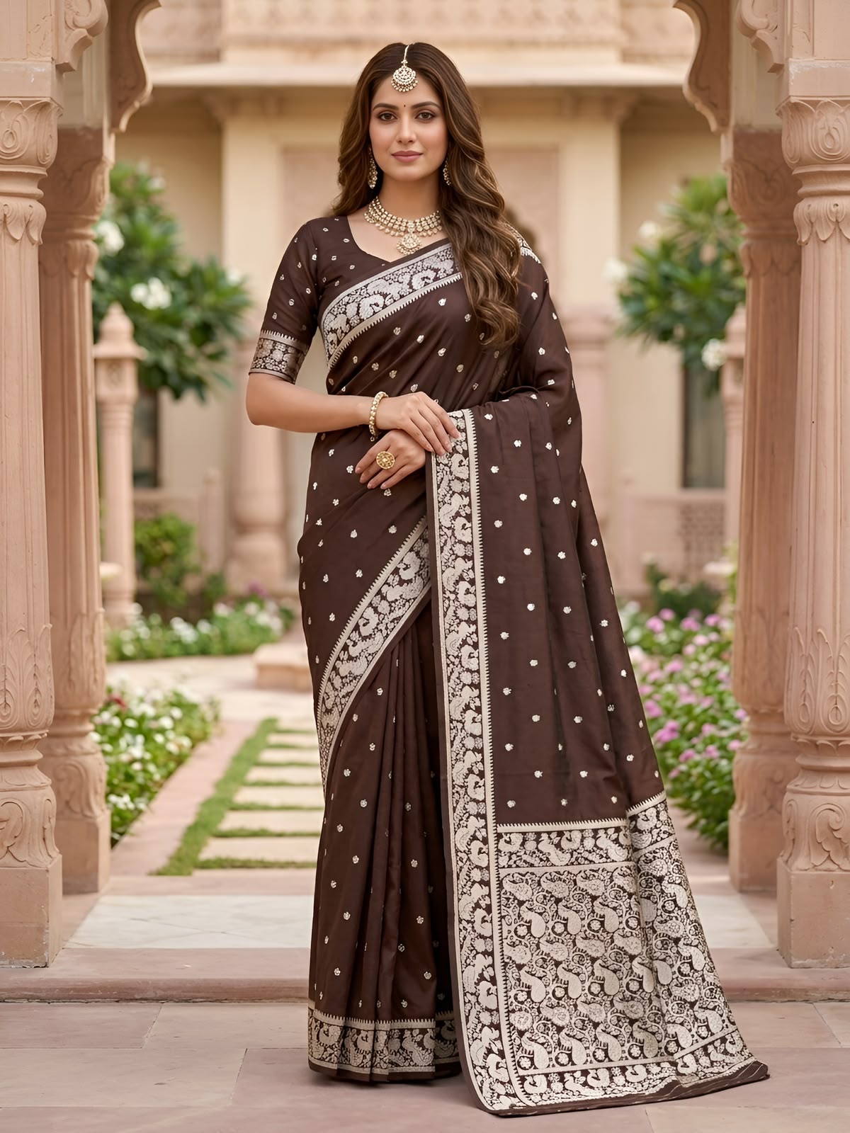 Ephemeral Brown Pure Banarasi Silk Saree With Exquisite Blouse Piece