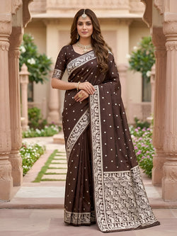 Ephemeral Brown Pure Banarasi Silk Saree With Exquisite Blouse Piece