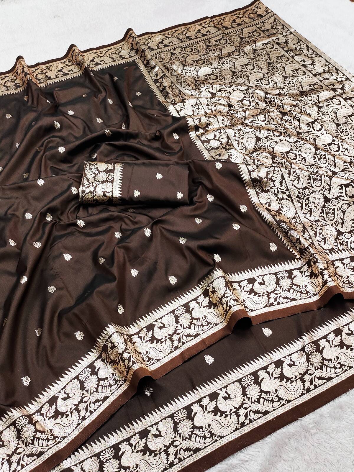 Ephemeral Brown Pure Banarasi Silk Saree With Exquisite Blouse Piece