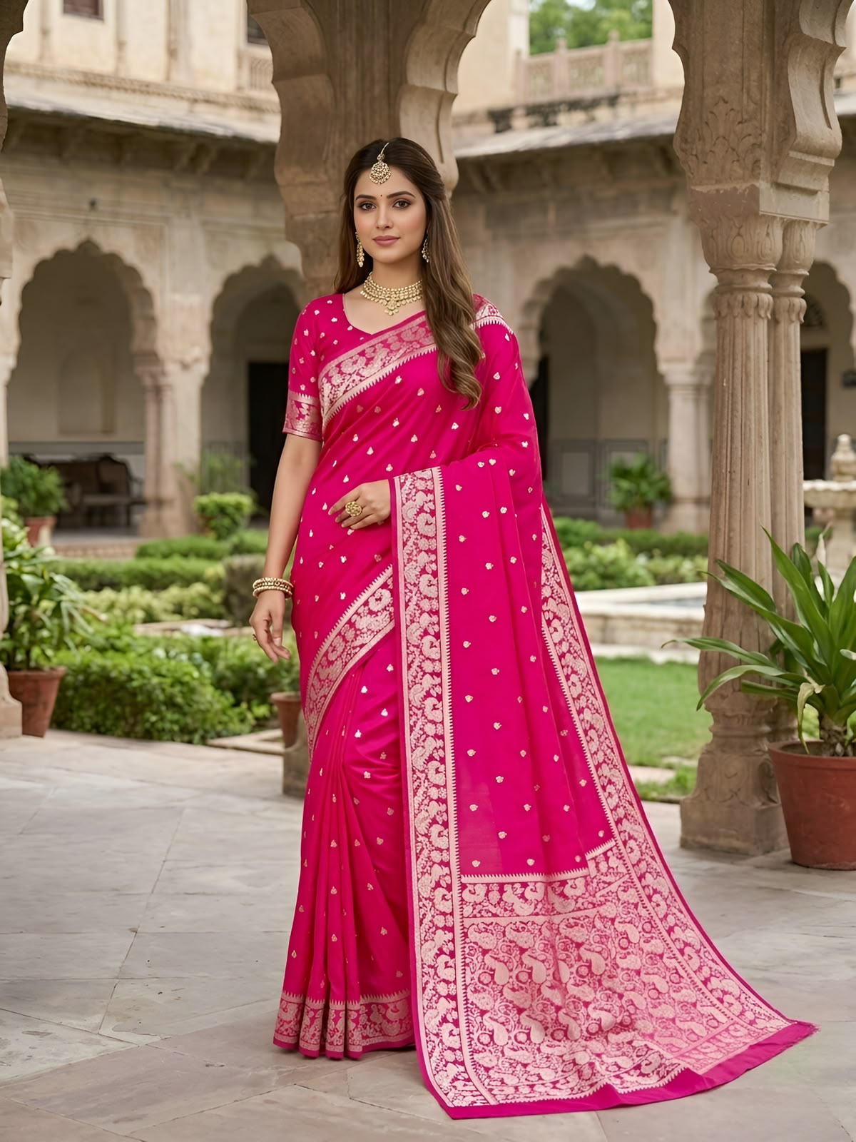 Wonderful Dark Pink Pure Banarasi Silk Saree With Mesmerising Blouse Piece