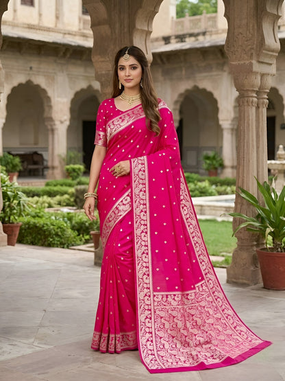 Wonderful Dark Pink Pure Banarasi Silk Saree With Mesmerising Blouse Piece