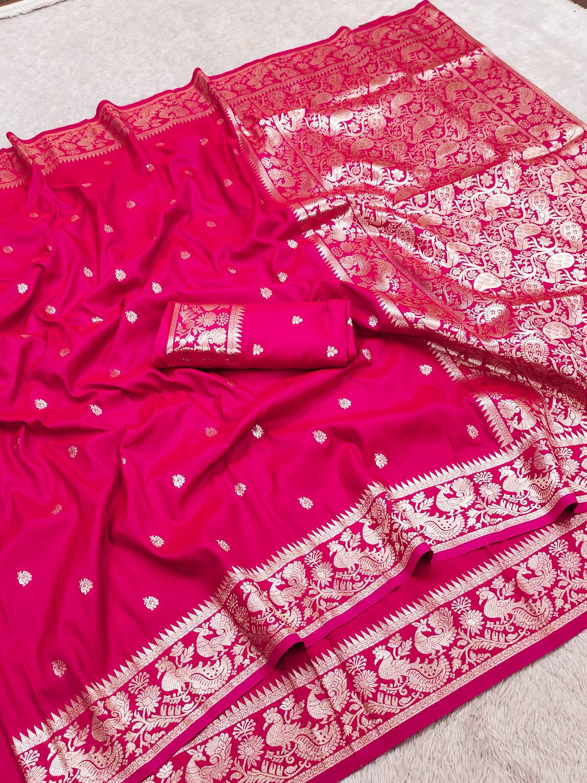 Wonderful Dark Pink Pure Banarasi Silk Saree With Mesmerising Blouse Piece