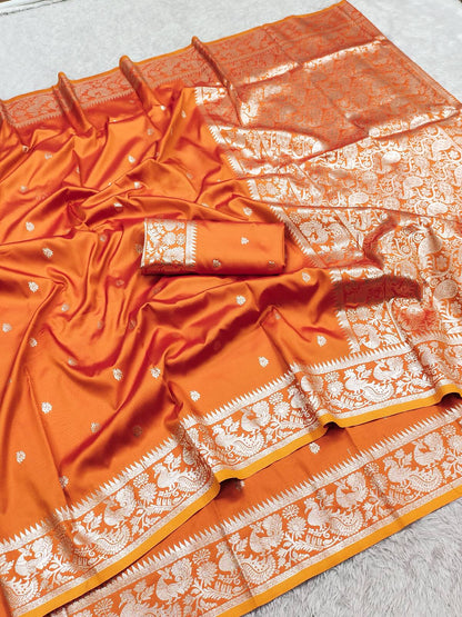 Nebula Orange Pure Banarasi Silk Saree With Sensational Blouse Piece