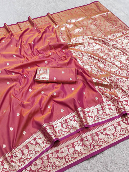 Blooming Pink Pure Banarasi Silk Saree With Incredible Blouse Piece