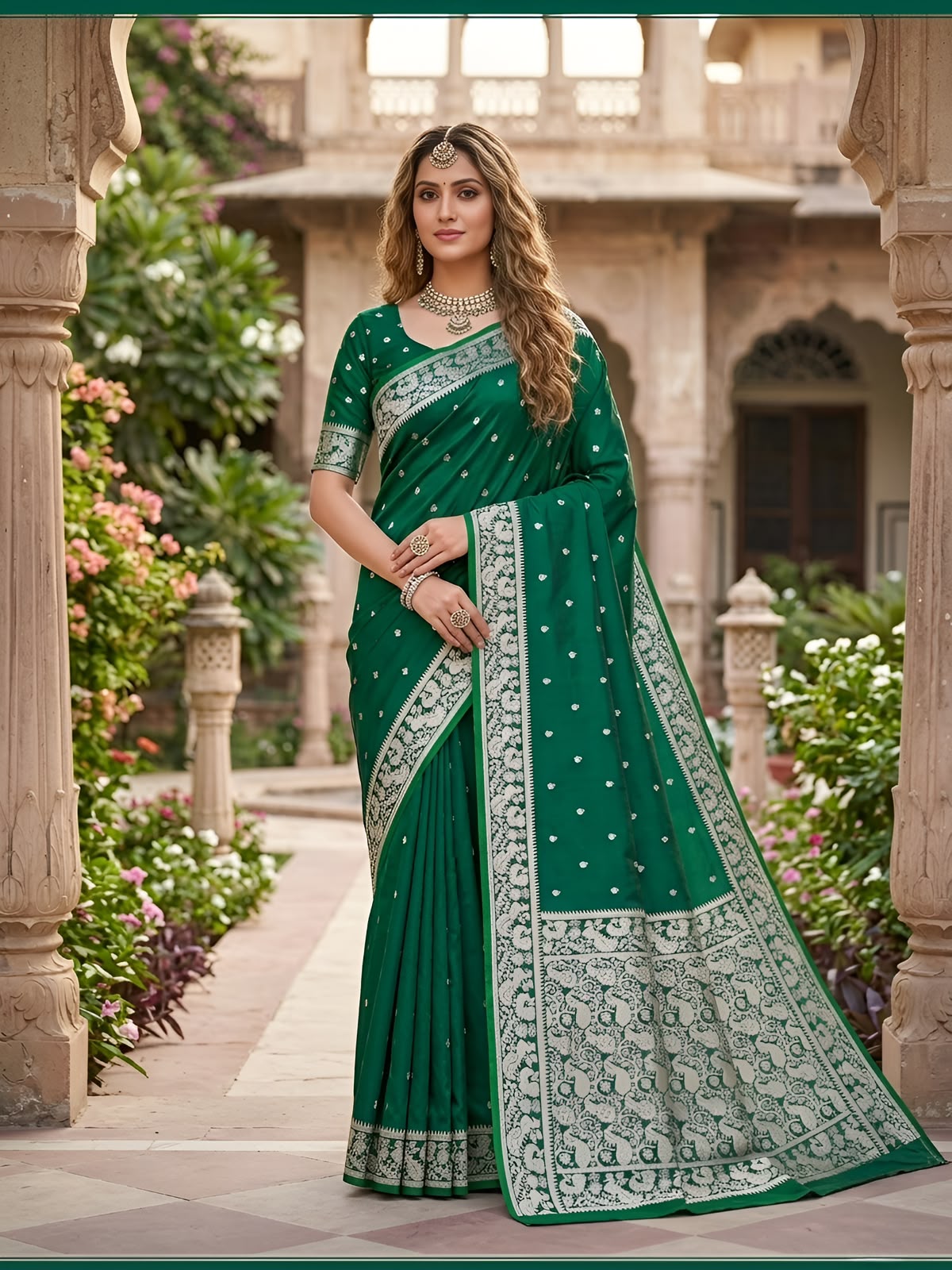Fancifull Rama Pure Banarasi Silk Saree With Lustrous Blouse Piece
