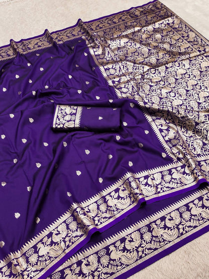 Ephemeral Royal Purple Pure Banarasi Silk Saree With Forbearance Blouse Piece
