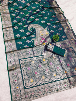 Cynosure Rama Soft Banarasi Silk Saree With Invaluable Blouse Piece
